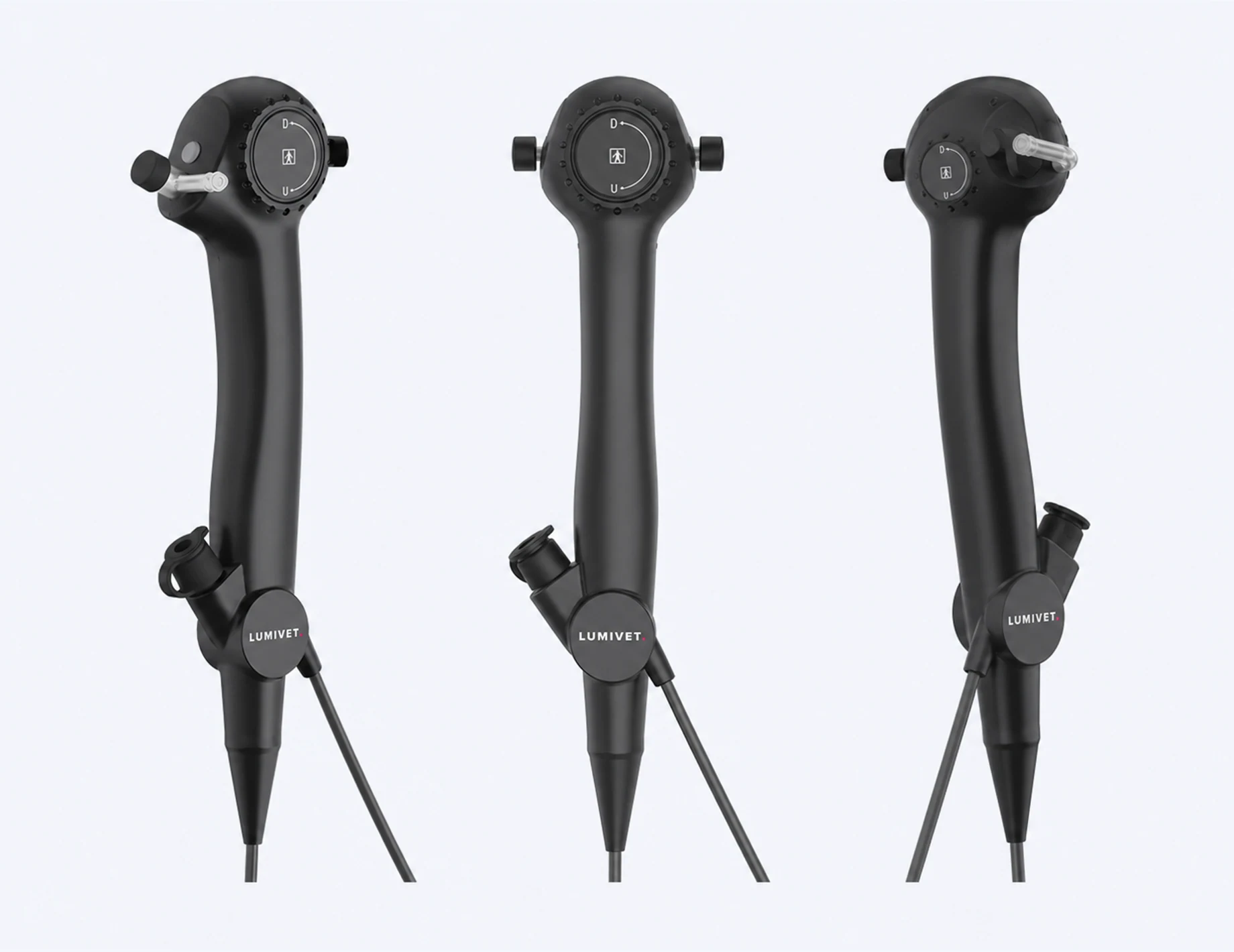 Lumivet flexible endoscope platform shown from three handle angles