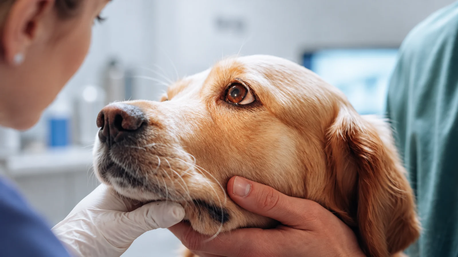 Illustration of a veterinarian assessing a dog’s external nose while its head is gently supported